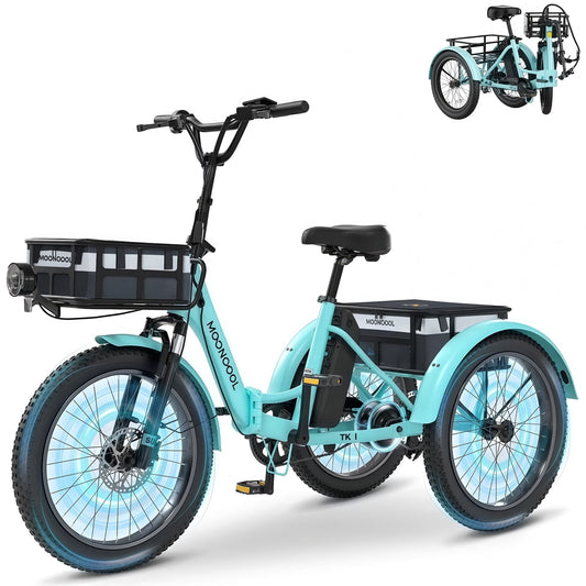 MOONCOOL TK1 Folding Electric Tricycle for Adults,48V 14.5Ah Removable battery, 1000W Motor, 20" Fat Tire Step-Thru 3 Wheel Electric Bicycle W/ Front & Rear Storage Bag Kit