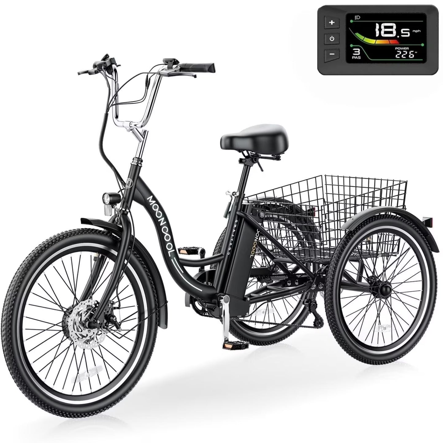 MOONCOOL MC350 Electric Tricycle for Adults, 350W Motorized Electric trike with 36V 10.4Ah Removable lithium battery,24"/26" 7 Speeds 3 Wheels Electric Bikes
