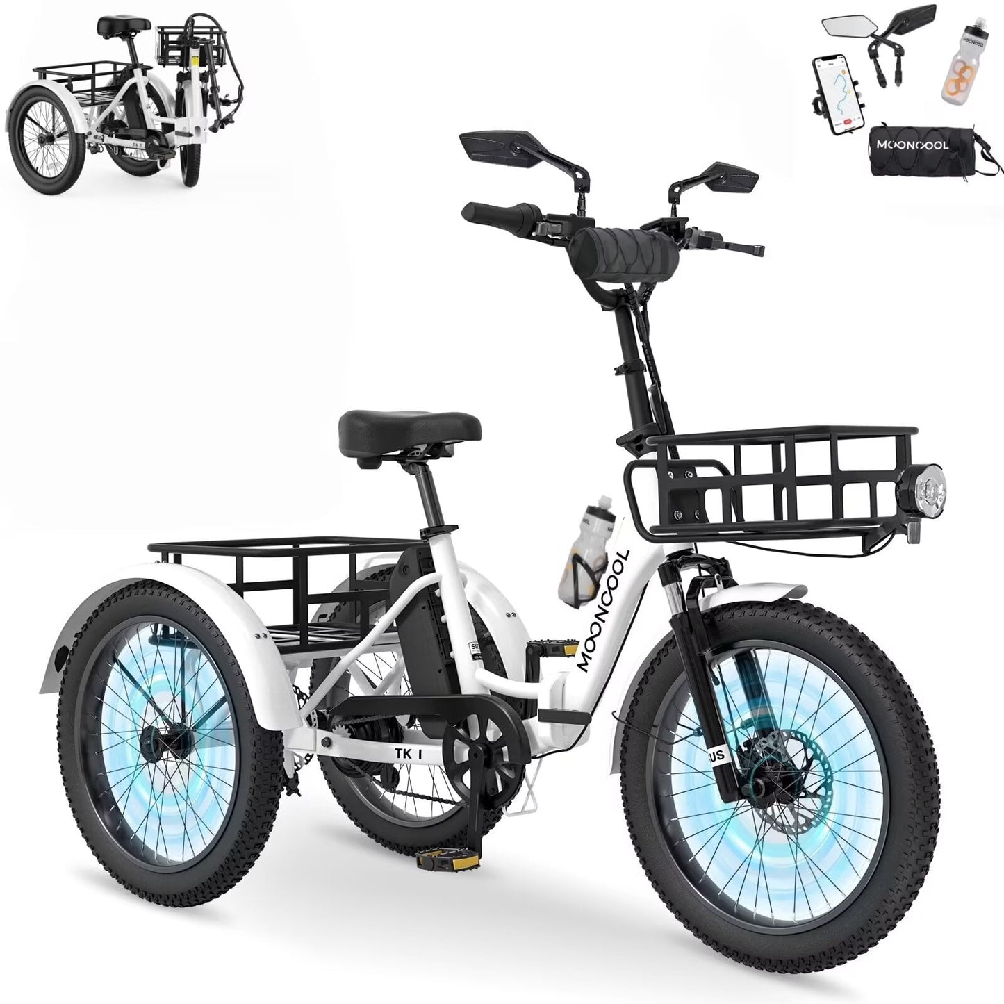 MOONCOOL TK1 Folding Electric Tricycle for Adults,48V 14.5Ah Removable battery, Peak 1000W Motor, 20" Fat Tire Step-Thru 3 Wheel Electric Bicycle W/ Mirrows Kit