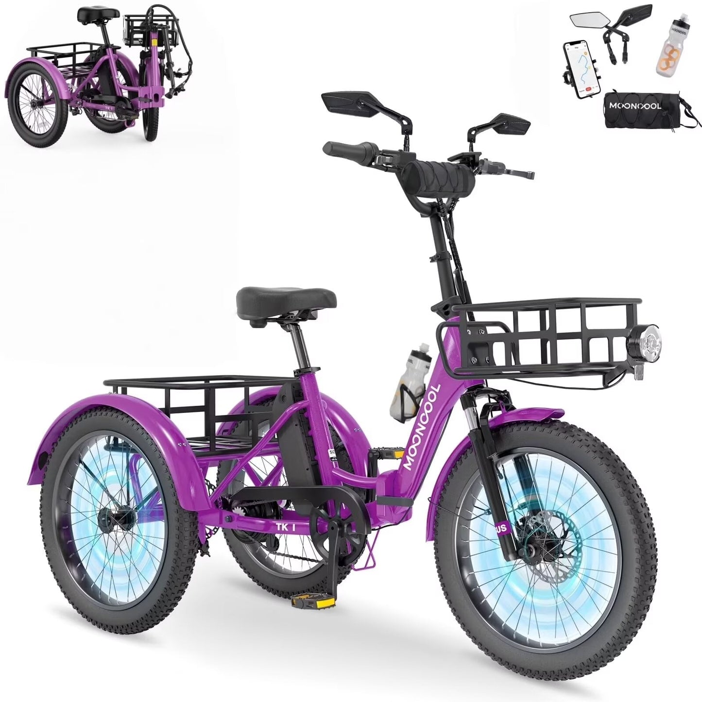 MOONCOOL TK1 Folding Electric Tricycle for Adults,48V 14.5Ah Removable battery, Peak 1000W Motor, 20" Fat Tire Step-Thru 3 Wheel Electric Bicycle W/ Mirrows Kit