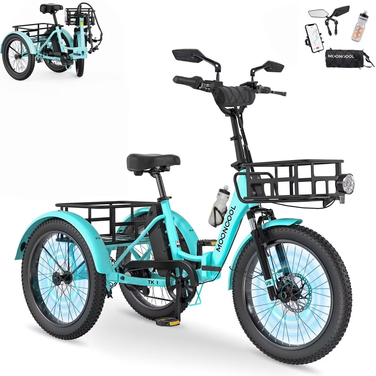 MOONCOOL TK1 Folding Electric Tricycle for Adults,48V 14.5Ah Removable battery, Peak 1000W Motor, 20" Fat Tire Step-Thru 3 Wheel Electric Bicycle W/ Mirrows Kit