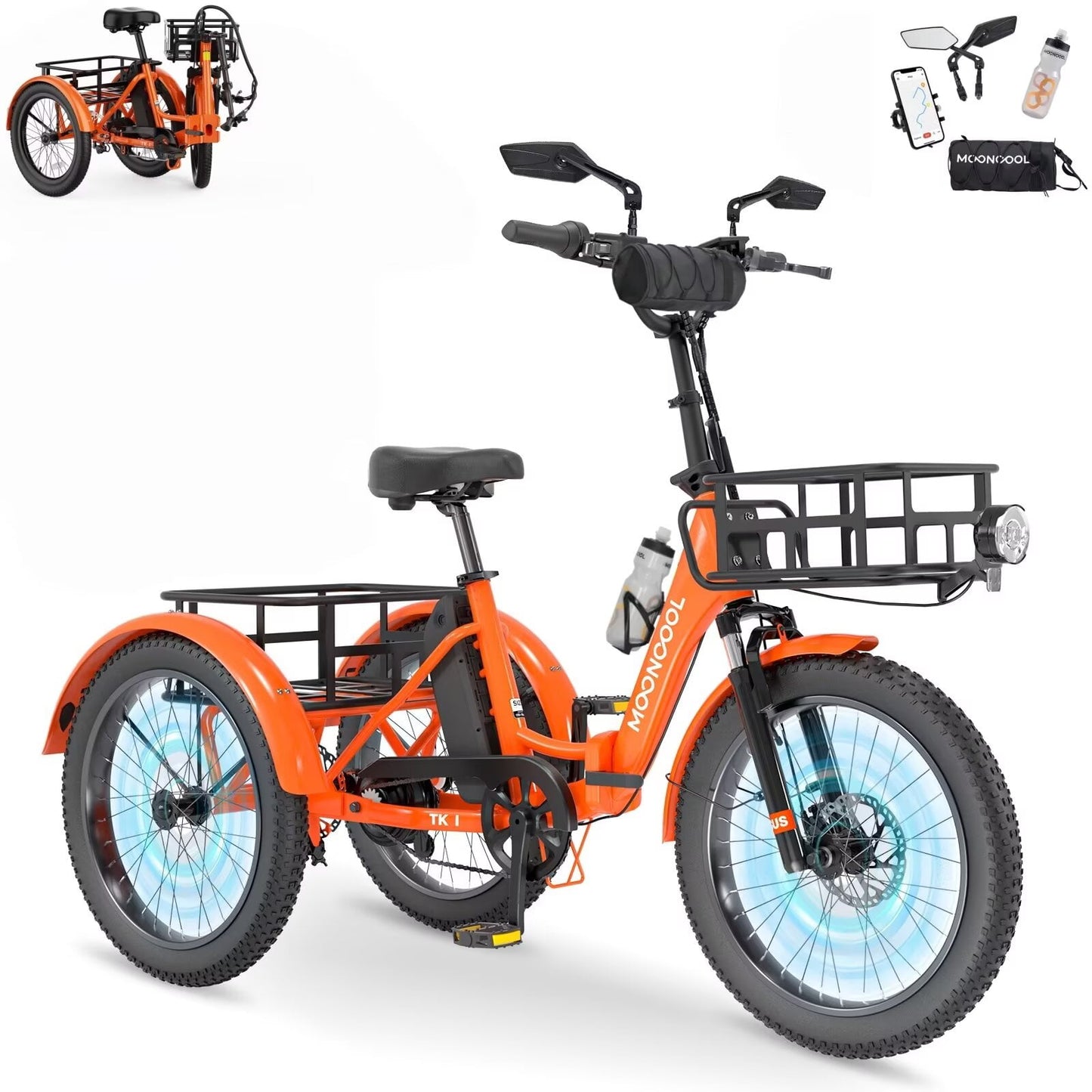 MOONCOOL TK1 Folding Electric Tricycle for Adults,48V 14.5Ah Removable battery, Peak 1000W Motor, 20" Fat Tire Step-Thru 3 Wheel Electric Bicycle W/ Mirrows Kit