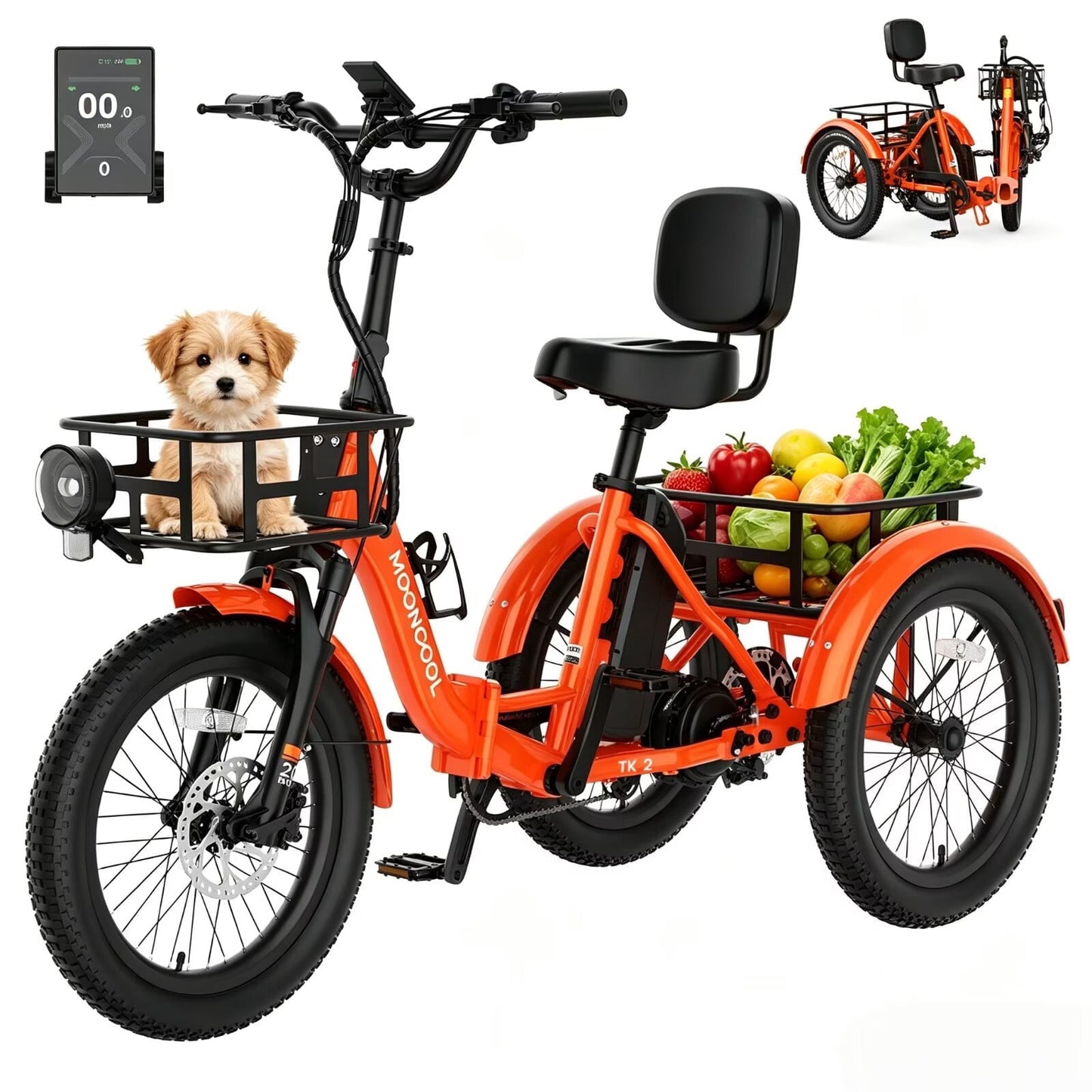 MOONCOOL TK2 Folding Electric Tricycle for Adults , 20x3.0" Fat Tire Etrike w/ Reverse, 48V 15Ah Battery, Peak 1000W Motor, 60-Mile,15.5 MPH