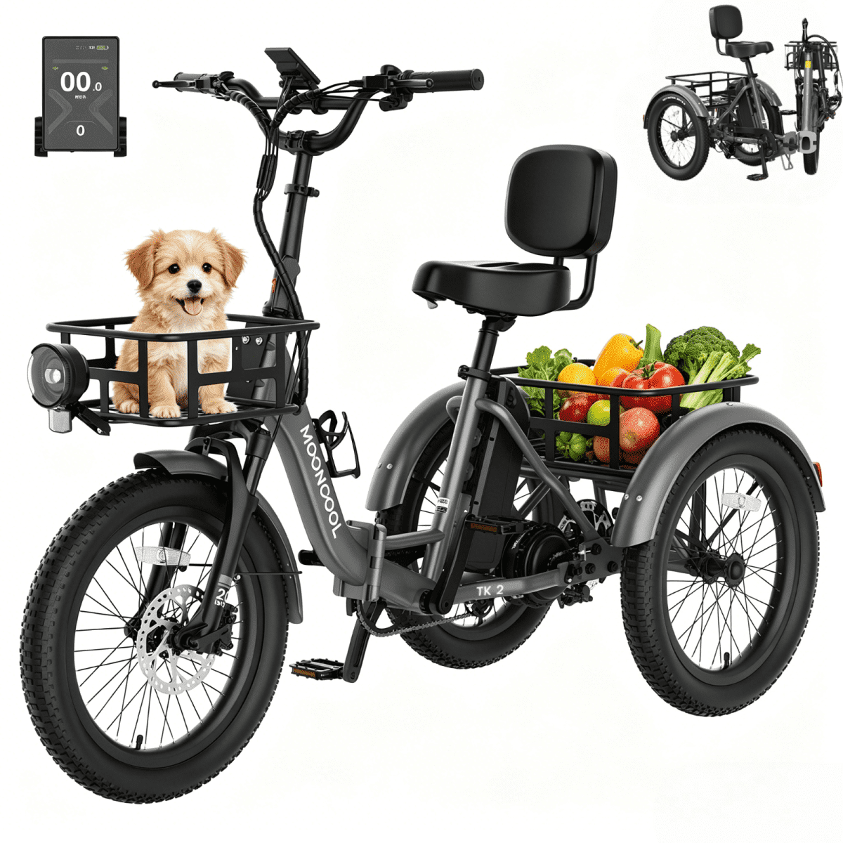 MOONCOOL TK2 Folding Electric Tricycle for Adults , 20x3.0" Fat Tire Etrike w/ Reverse, 48V 15Ah Battery, Peak 1000W Motor, 60-Mile,15.5 MPH