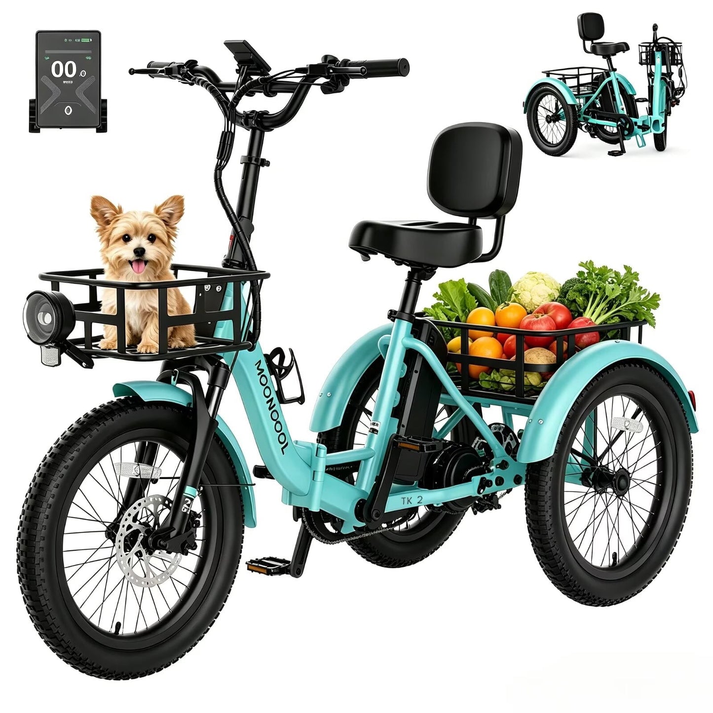MOONCOOL TK2 Folding Electric Tricycle for Adults , 20x3.0" Fat Tire Etrike w/ Reverse, 48V 15Ah Battery, Peak 1000W Motor, 60-Mile,15.5 MPH