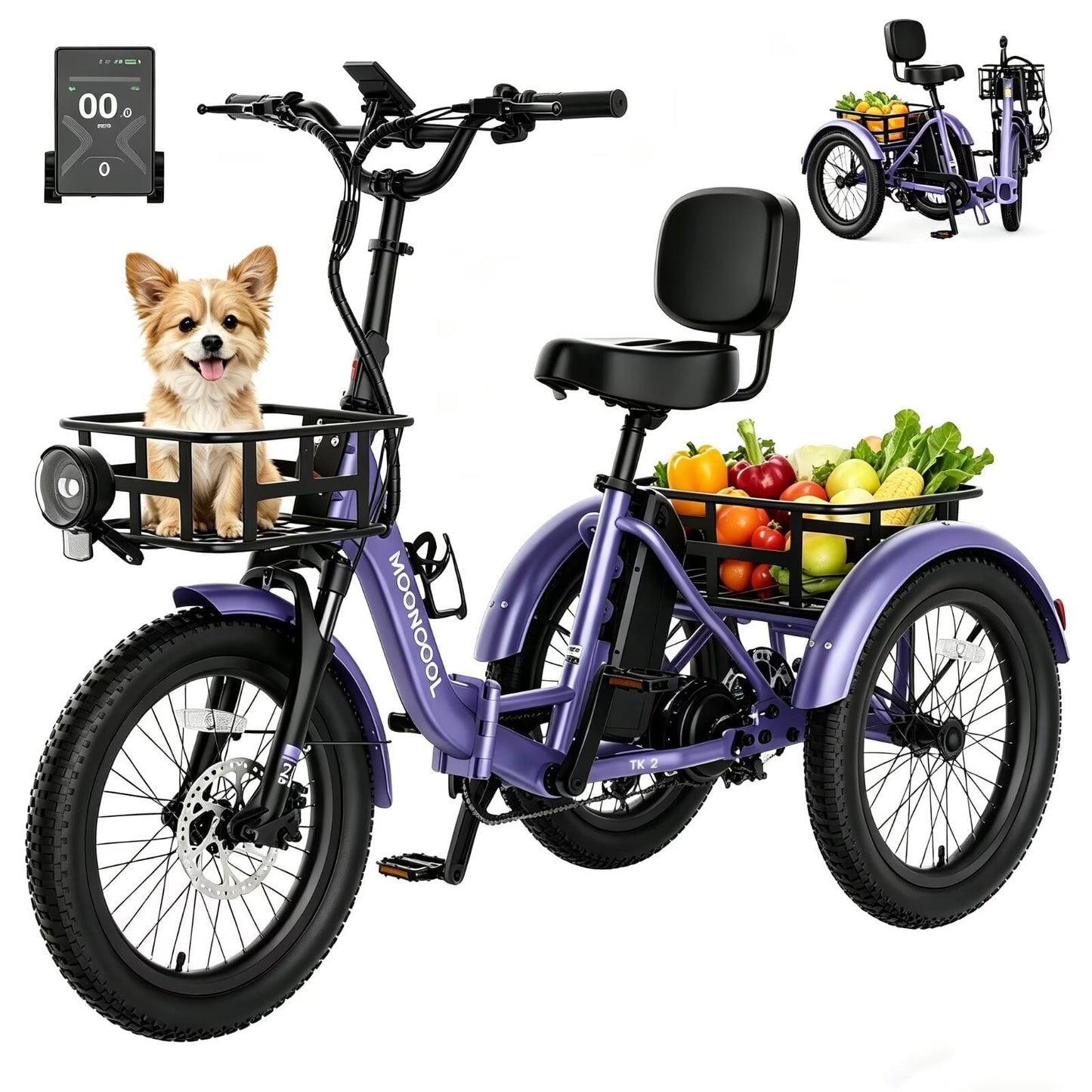 MOONCOOL TK2 Folding Electric Tricycle for Adults , 20x3.0" Fat Tire Etrike w/ Reverse, 48V 15Ah Battery, Peak 1000W Motor, 60-Mile,15.5 MPH