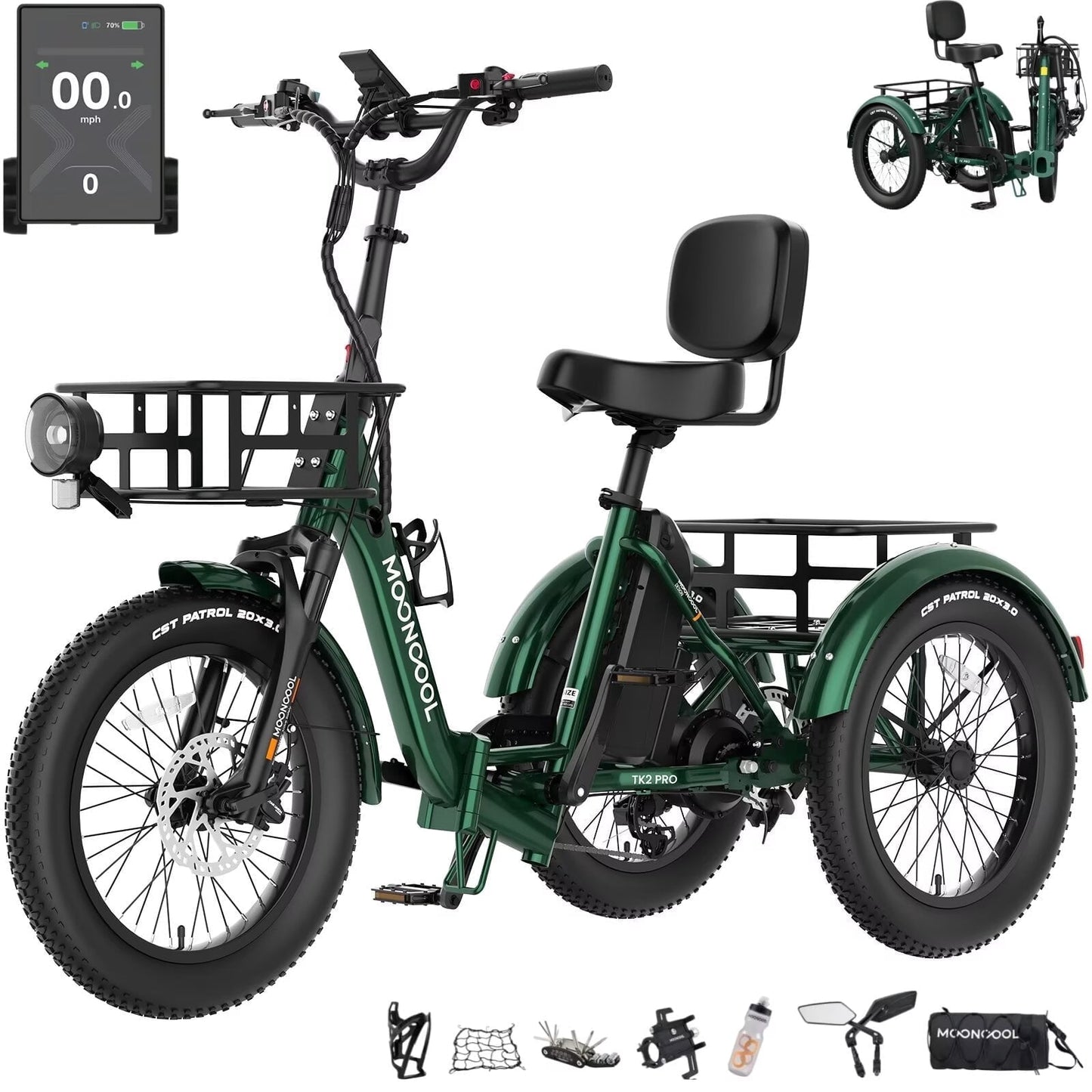MOONCOOL TK2 PRO Adult Folding E-Trike with Reverse, 6-Speed, 48V 20Ah Battery, 1500W Peak, 20" Fat Tire, Torque & Cadence Sensor, 70 Mile, 16 MPH, Supports 5A Fast Charging