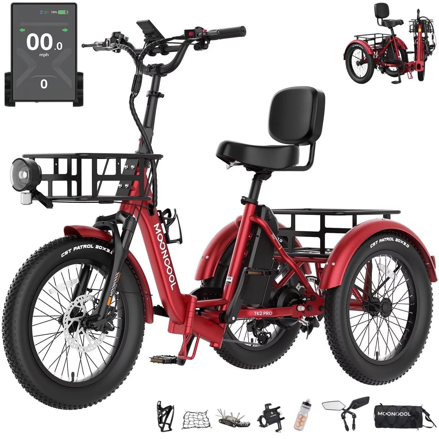 MOONCOOL TK2 PRO Adult Folding E-Trike with Reverse, 6-Speed, 48V 20Ah Battery, 1500W Peak, 20" Fat Tire, Torque & Cadence Sensor, 70 Mile, 16 MPH, Supports 5A Fast Charging