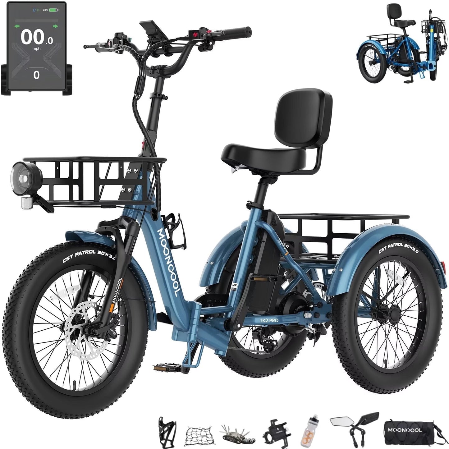 MOONCOOL TK2 PRO Adult Folding E-Trike with Reverse, 6-Speed, 48V 20Ah Battery, 1500W Peak, 20" Fat Tire, Torque & Cadence Sensor, 70 Mile, 16 MPH, Supports 5A Fast Charging