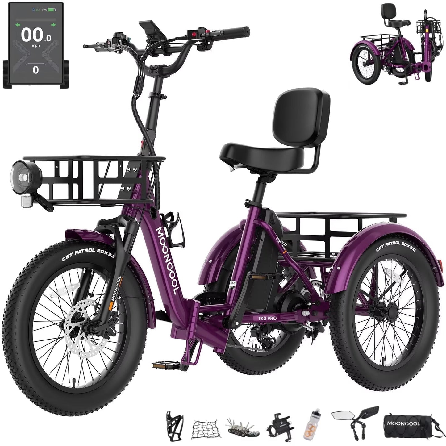 MOONCOOL TK2 PRO Adult Folding E-Trike with Reverse, 6-Speed, 48V 20Ah Battery, 1500W Peak, 20" Fat Tire, Torque & Cadence Sensor, 70 Mile, 16 MPH, Supports 5A Fast Charging