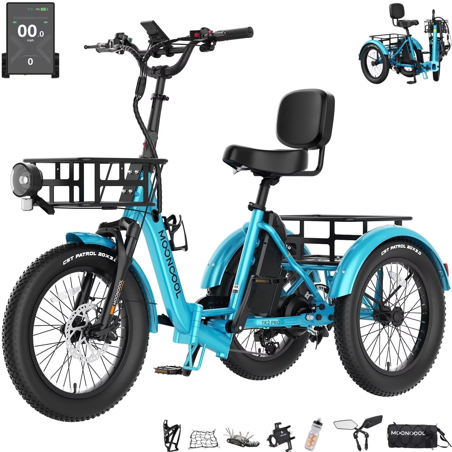 MOONCOOL TK2 PRO Adult Folding E-Trike with Reverse, 6-Speed, 48V 20Ah Battery, 1500W Peak, 20" Fat Tire, Torque & Cadence Sensor, 70 Mile, 16 MPH, Supports 5A Fast Charging