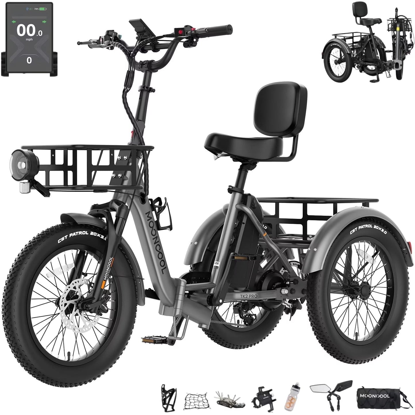 MOONCOOL TK2 PRO Adult Folding E-Trike with Reverse, 6-Speed, 48V 20Ah Battery, 1500W Peak, 20" Fat Tire, Torque & Cadence Sensor, 70 Mile, 16 MPH, Supports 5A Fast Charging