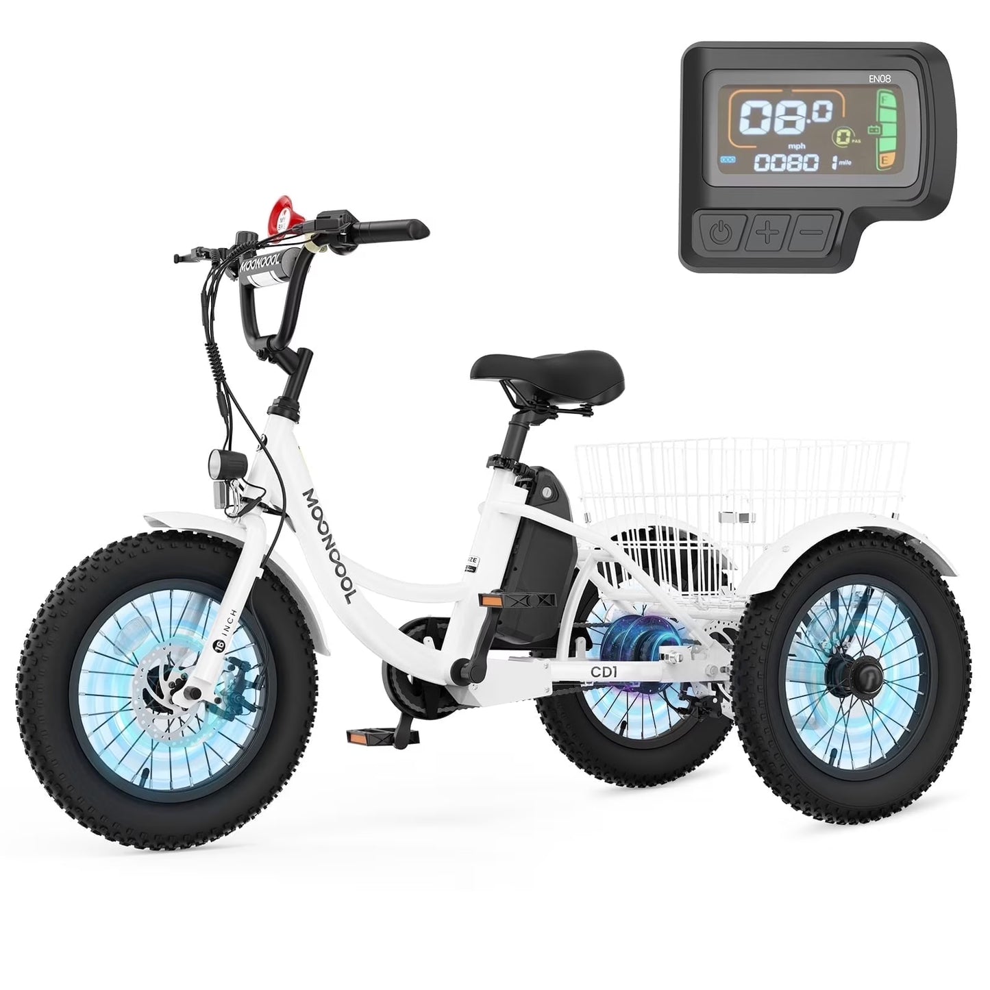 MOONCOOL Electric Tricycle for Kids ,16"x3" 3 Wheel 250W 10.4Ah Etrike W/ LED headlight & Rear Basket & horn bell & DIY stickers，6/9/12.5 MPH