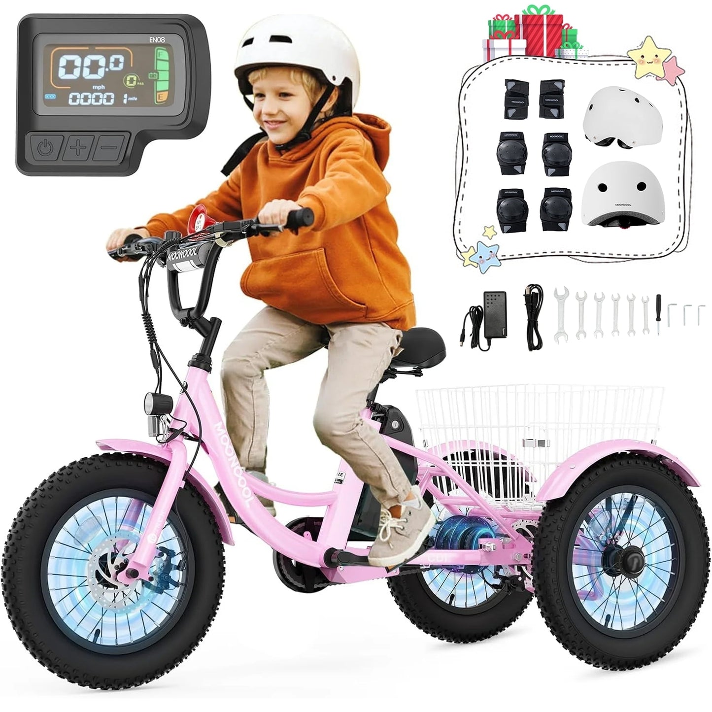 Mooncool Electric Tricycle for Kids , 3 Wheels 16"x3" Fat Tire Tricycle Electric Trike Cruiser Bicycle, 250W Aluminum Frame Electric Trikes Etrike with 10.4Ah Removable Battery and Rear Basket