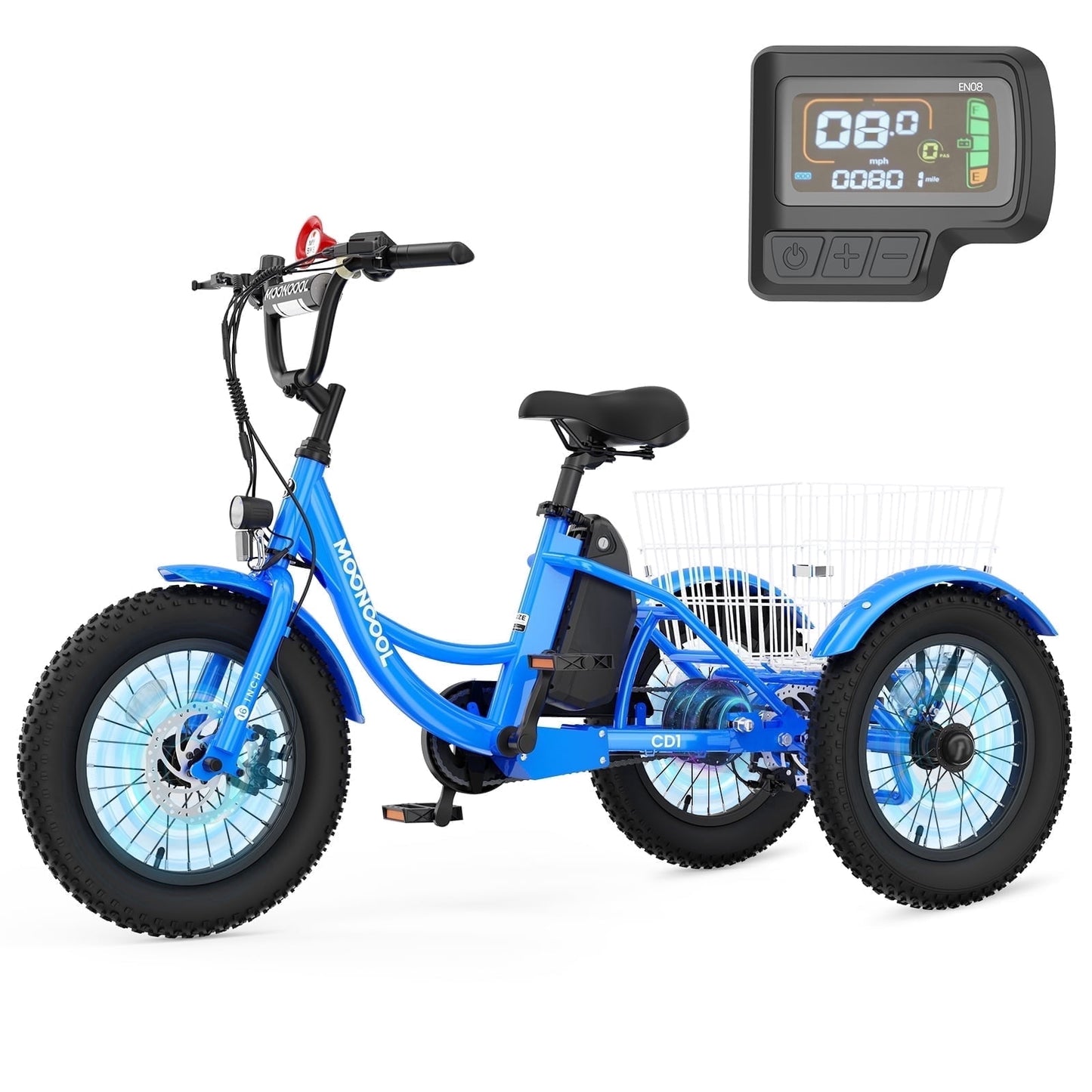 MOONCOOL Electric Tricycle for Kids ,16"x3" 3 Wheel 250W 10.4Ah Etrike W/ LED headlight & Rear Basket & horn bell & DIY stickers，6/9/12.5 MPH
