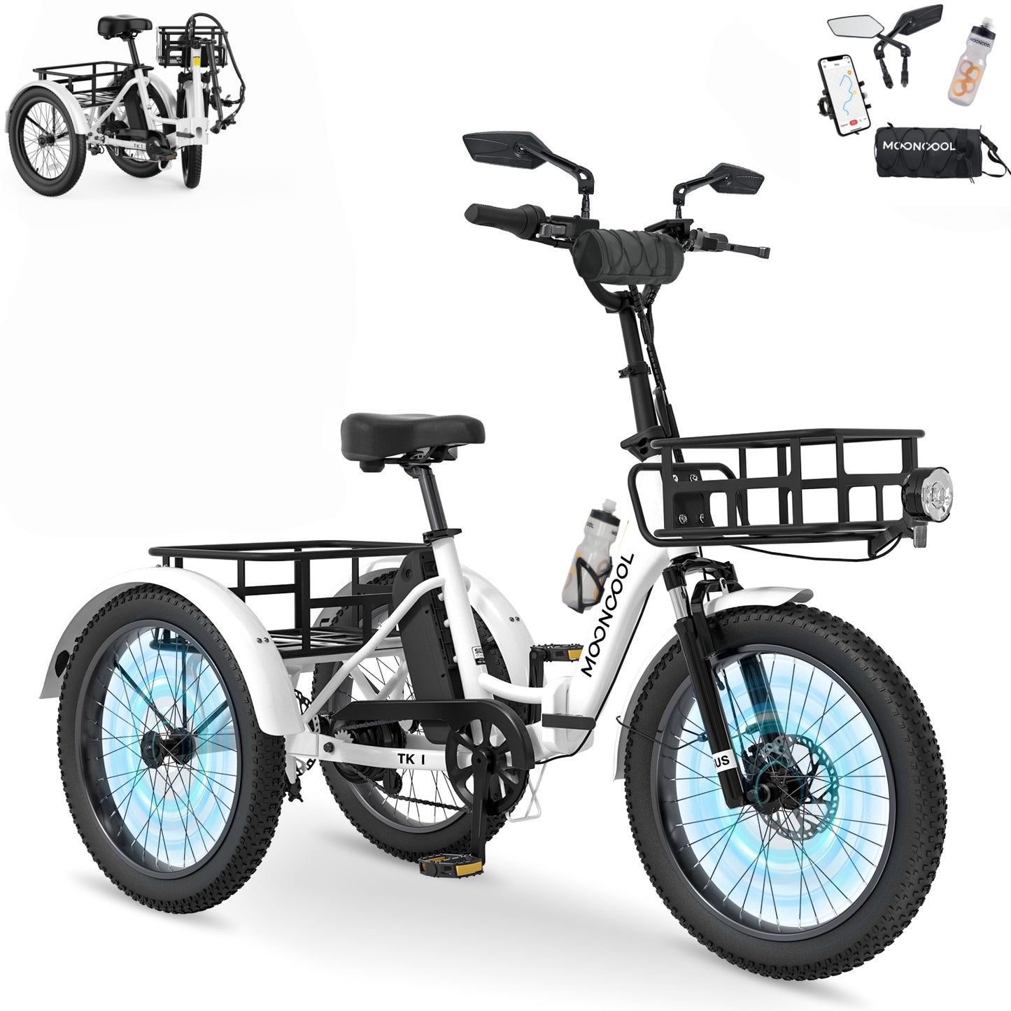 MOONCOOL TK1 Folding Electric Tricycle for Adults,48V 14.5Ah Removable battery, 1000W Motor, 20" Fat Tire Step-Thru 3 Wheel Electric Bicycle W/ Rearview Mirror Accessory Kit, UL2849