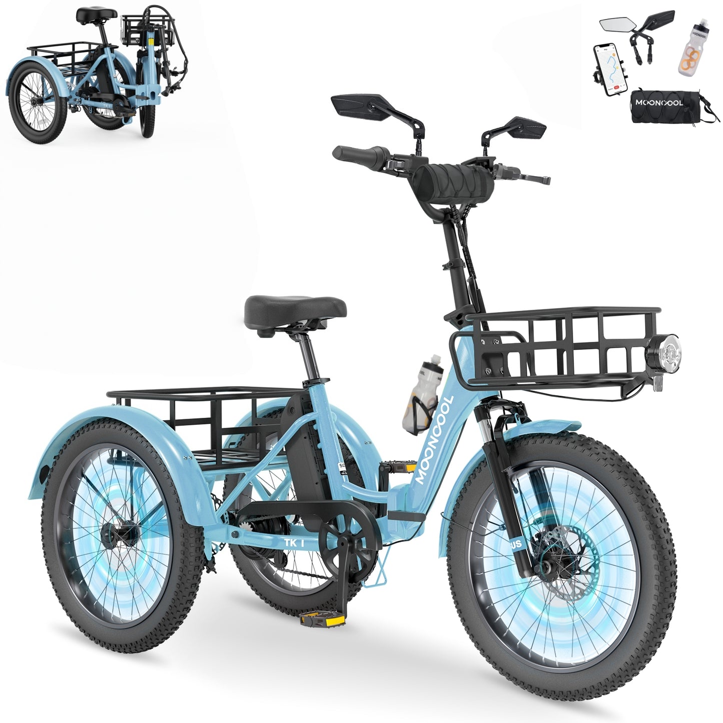MOONCOOL TK1 Folding Electric Tricycle for Adults,48V 14.5Ah Removable battery, 1000W Motor, 20" Fat Tire Step-Thru 3 Wheel Electric Bicycle W/ Rearview Mirror Accessory Kit, UL2849