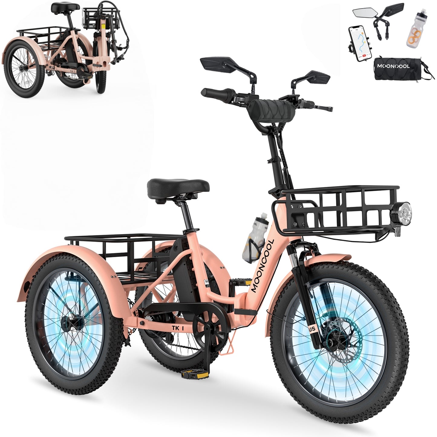 MOONCOOL TK1 Folding Electric Tricycle for Adults,48V 14.5Ah Removable battery, 1000W Motor, 20" Fat Tire Step-Thru 3 Wheel Electric Bicycle W/ Rearview Mirror Accessory Kit, UL2849