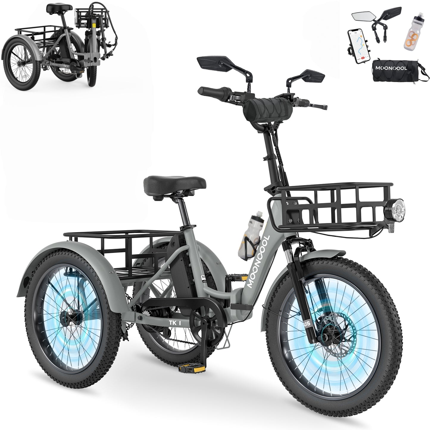MOONCOOL TK1 Folding Electric Tricycle for Adults,48V 14.5Ah Removable battery, 1000W Motor, 20" Fat Tire Step-Thru 3 Wheel Electric Bicycle W/ Rearview Mirror Accessory Kit, UL2849
