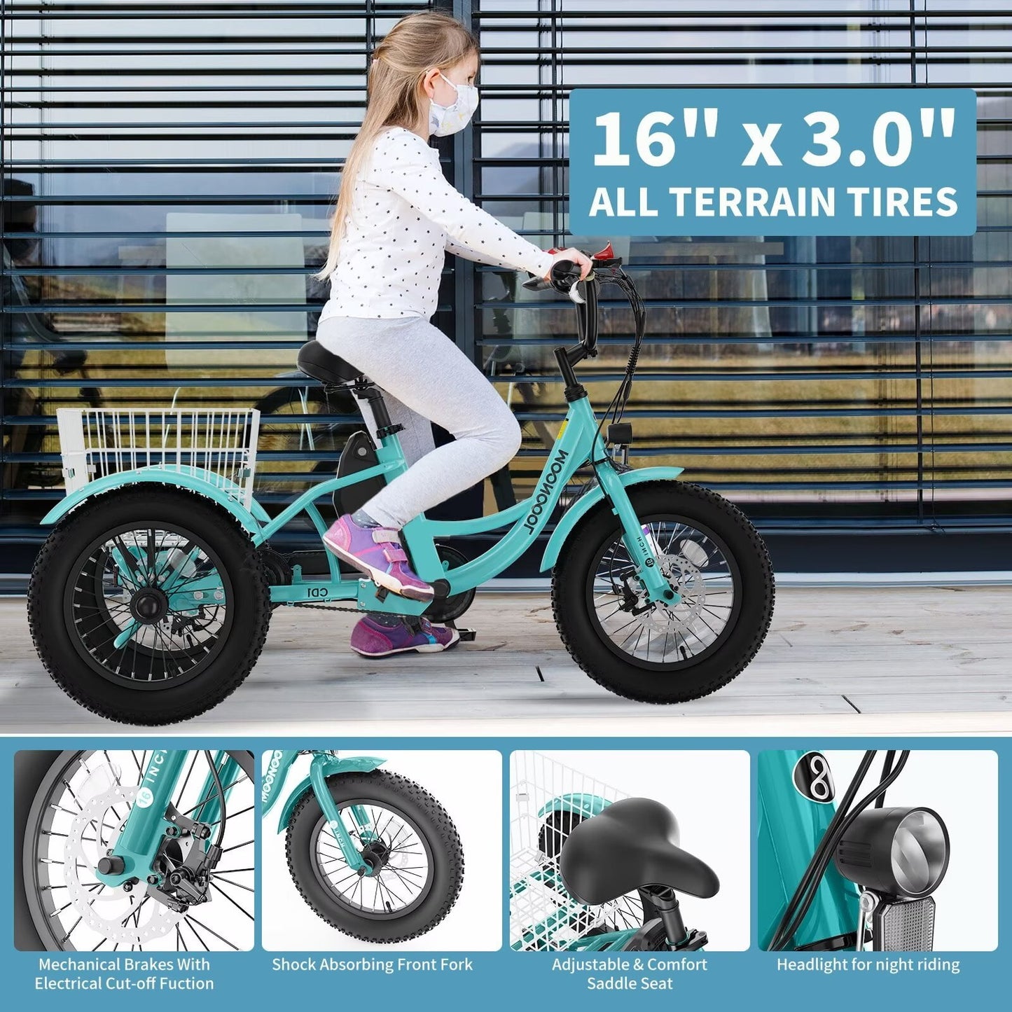 Lilypelle Electric tricycle for Kids , 6/9/12Mph three wheel electric bike w/ 250W motor， 24V 10.4Ah Battery, Headlights & Horn, Large Rear Basket ,2 sets of DIY stickers,16"x3" Wheel,30Miles