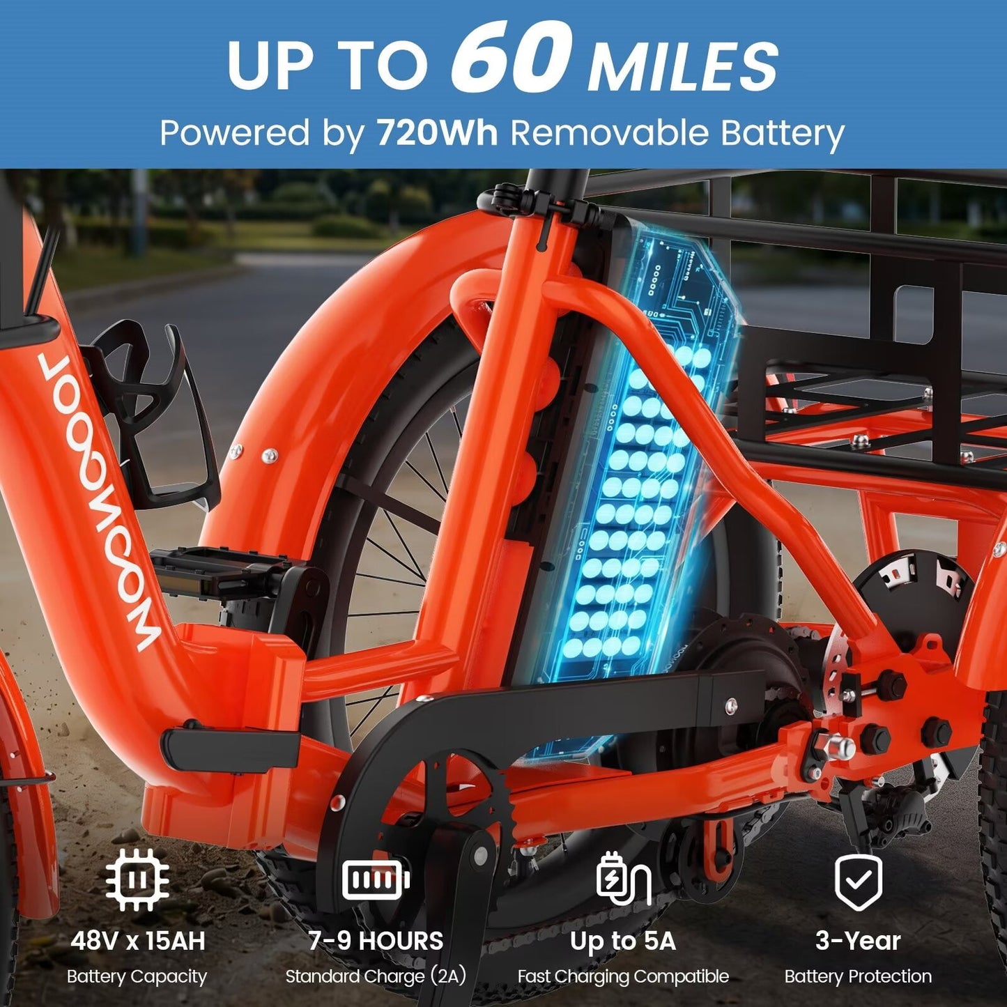 MOONCOOL TK2 Adult Electric Tricycle with Reverse, 48V 15Ah Removable Battery, Peak 1000W Motor, 20x3.0" Fat Tire, 60-Mile Range, 15.5 MPH