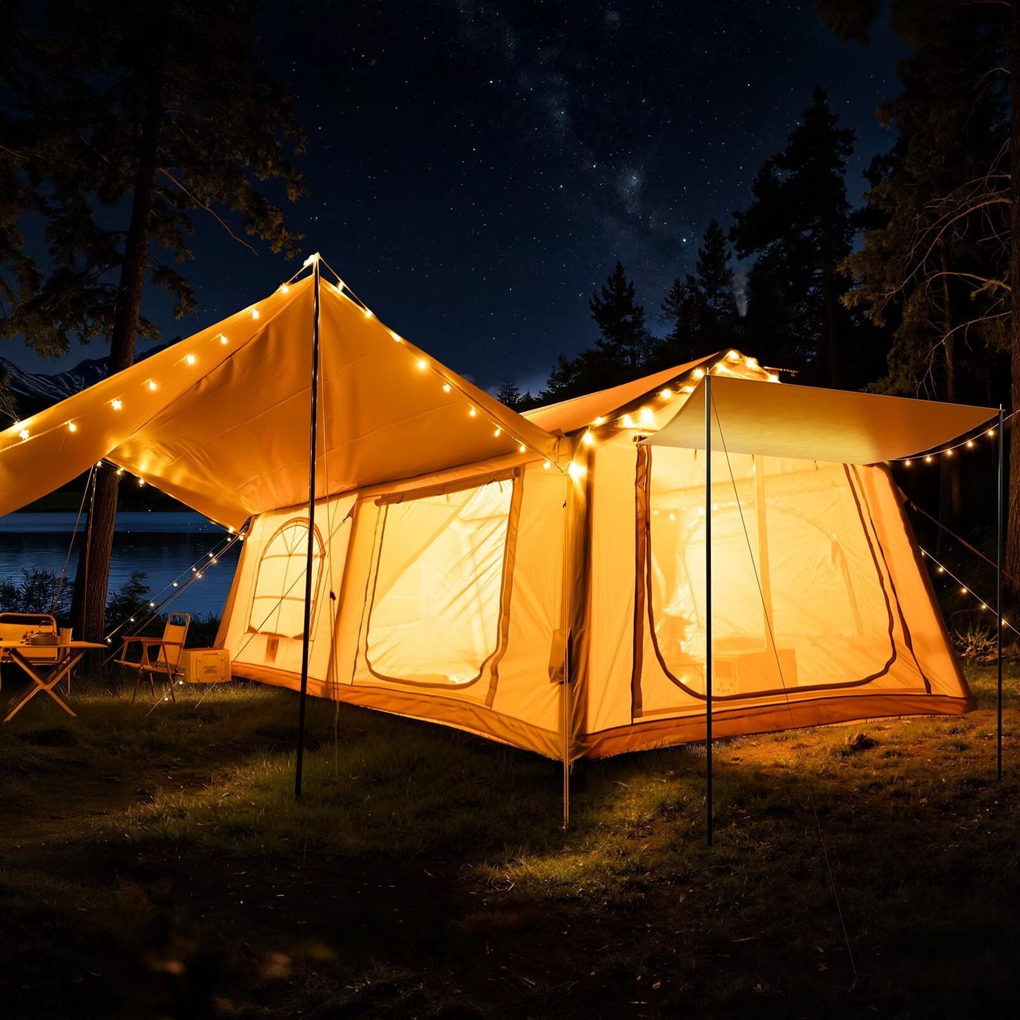 Lilypelle 10 Person Blow Up Camping Inflatable Tent w/ Stove Jack & AC Port,13.8′x 10.5 x 6.9′Waterproof Oxford 2 Room Air Tent,Easy Setup Glamping Inflatable House