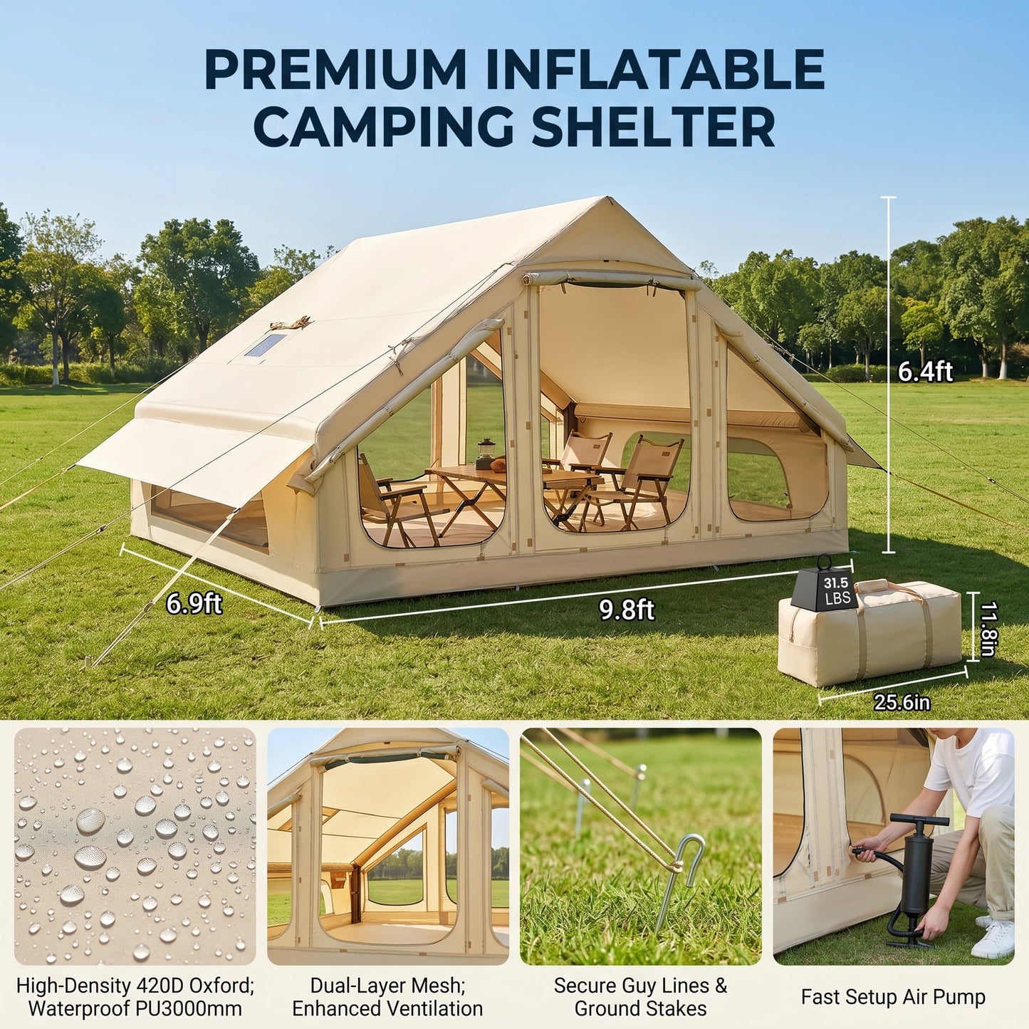 Lilypelle 4-6 Person Blow Up Inflatable Tent with Stove Jack, Hot Tent for Camping with Hand Pump, Waterproof Inflatable Camp Tent with Mesh Windows, Easy Setup Glamping Inflatable House