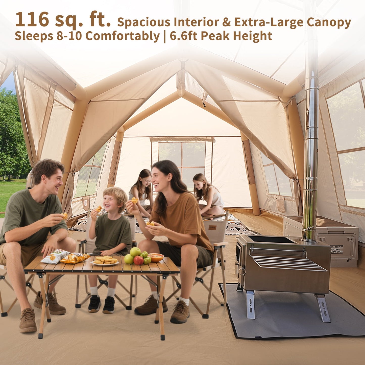 Lilypelle 8-10 Person Blow Up Inflatable Tent, with Removable Canopy and Stove Jack, 2 Room Instant Setup Air Cabin, Waterproof Oxford Hot Camping Tent for Family Glamping，2 Room Tent + Canopy - 13ft X 9ft X 6.5ft