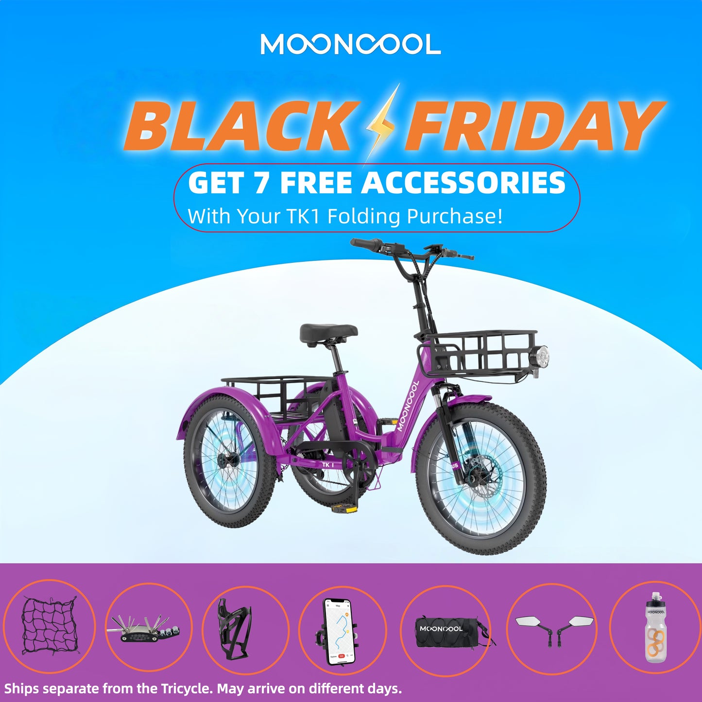 MOONCOOL TK1 Folding Electric Tricycle for Adults,48V 14.5Ah Removable battery, 1000W Motor, 20" Fat Tire Step-Thru 3 Wheel Electric Bicycle W/ Rearview Mirror Accessory Kit, UL2849
