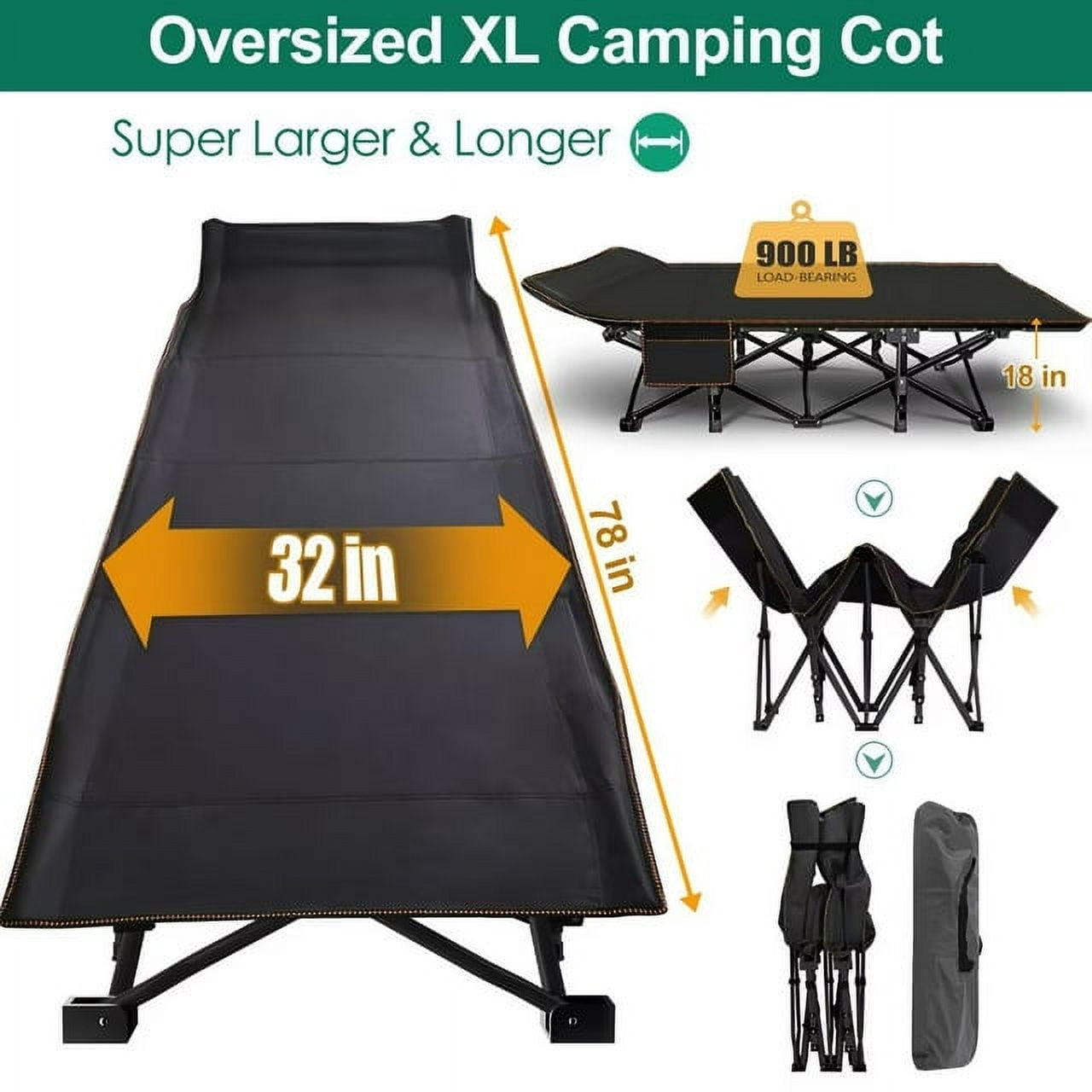 Lilypelle Oversized XXL Folding Camping Cot for Adults, 32" XXL Wide Folding Cot Bed for Sleeping with 2 Sided Mattress & Carry Bag, Tent Cot, Supports 900 lbs