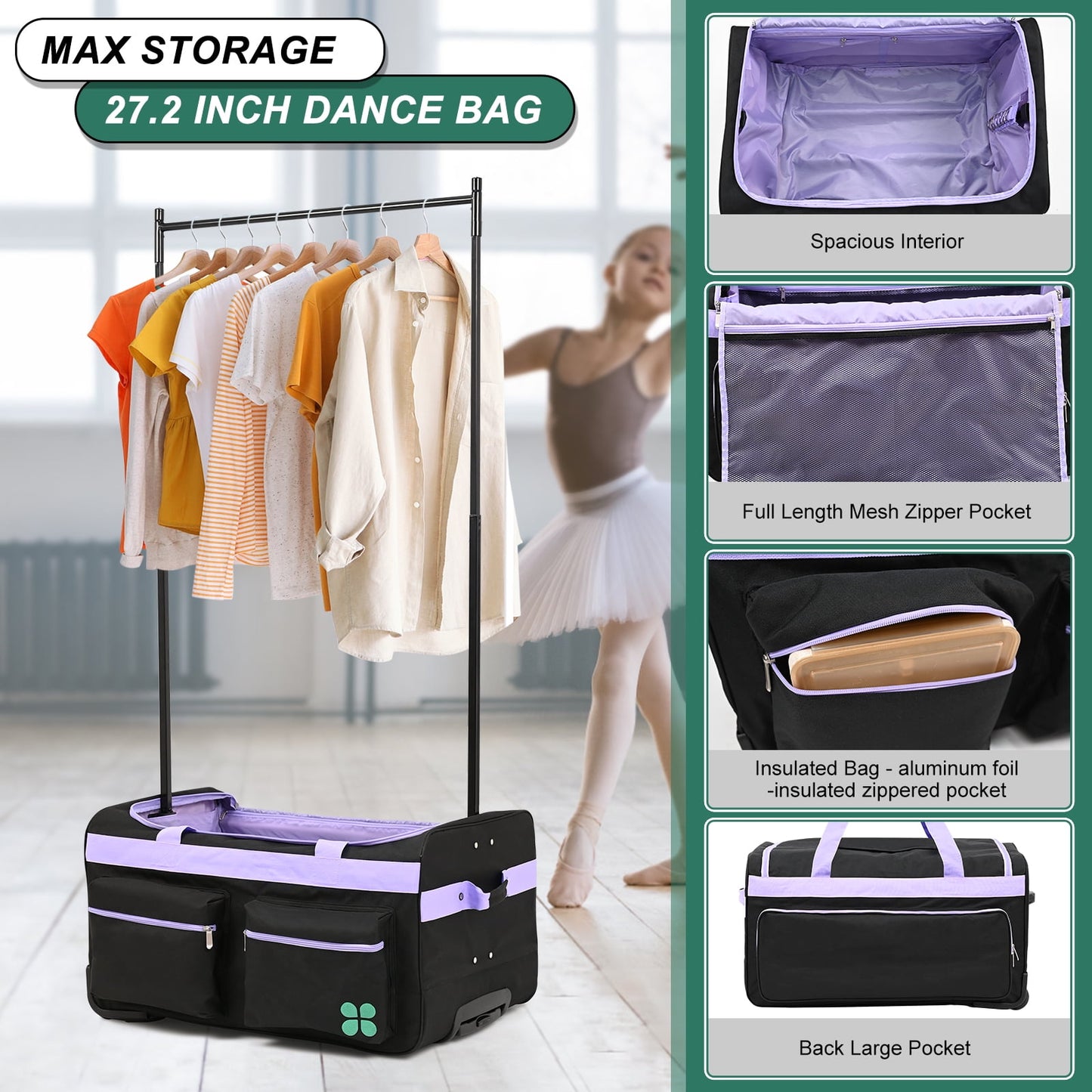 Lilypelle Dance Bag With Garment Rack, 27" Dance Garment Bags Collapsible Costume Rolling Duffel Bag with Wheels, Dance Travel Bag for Competition, Shows, Performances