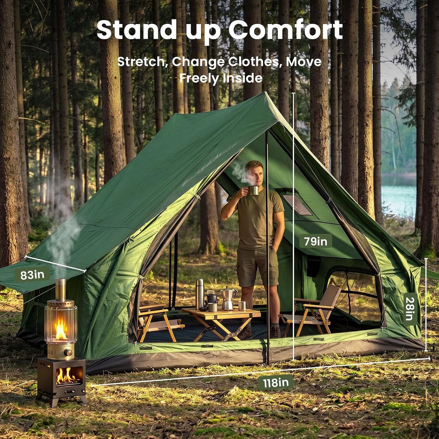 Lilypelle Lightweight Backpacking Camping Tent for 2-4 Person, 4 Season Windproof Tent with Stove Jack, 210T Ripstop Waterproof PU3000mm, All Weather Hiking Tent，Green