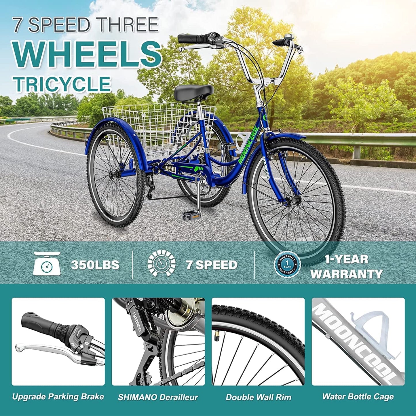 Lilypelle Adult Tricycles 7 Speed 20 inch Three Wheel Bike Cruiser Trike with Low-Step Through Frame/Large Basket for Men, Women, Seniors,Mint Blue