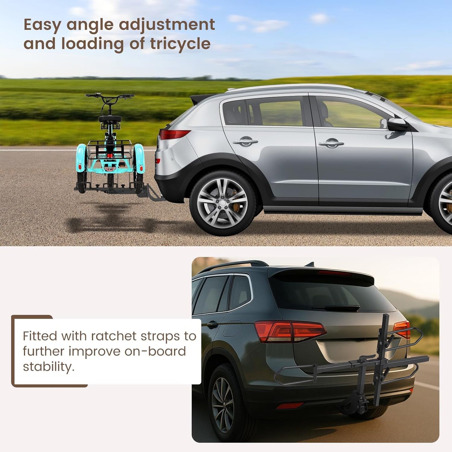 MOONCOOL Folding Hitch Trike Rack, 170 lbs Capacity, Fits Up to 5" Fat Tires and 42"-59" Wheelbase, Rear Bike Carrier for Adult Tricycles, 2" Receiver Mount for Cars, SUVs, Vans, RVs, Black