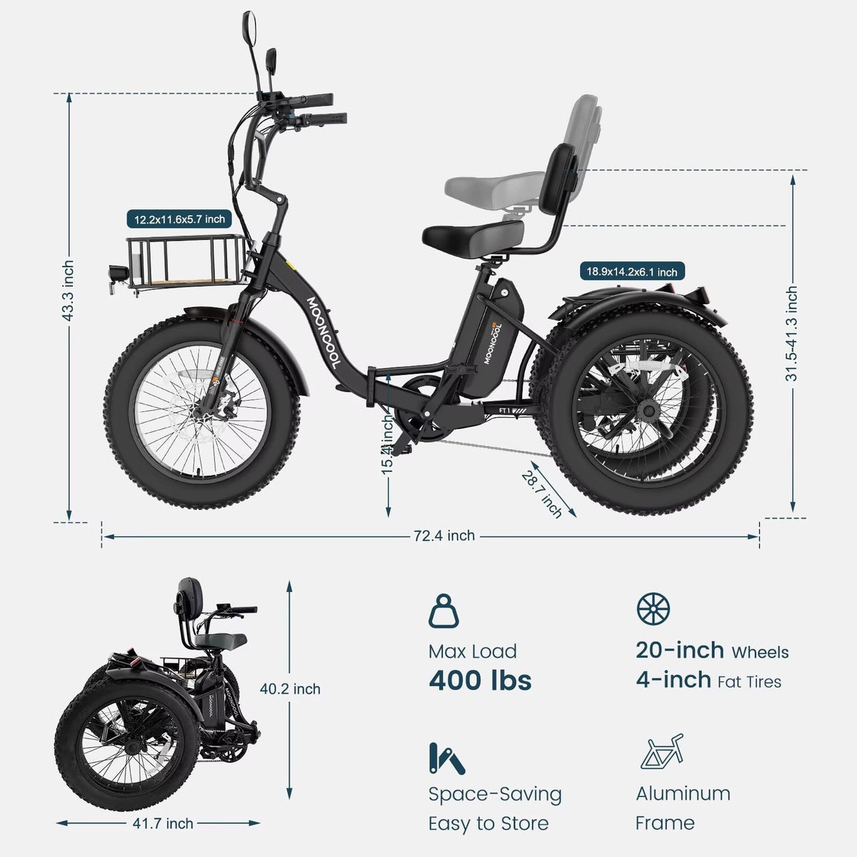 MOONCOOL All-Terrain Folding Electric Tricycle for Adults, 1100w Motor 48V 14.5Ah Battery,7-Speed 20" x 4.0" Fat Tire 3 Wheel Electric Bike , 25-60 miles