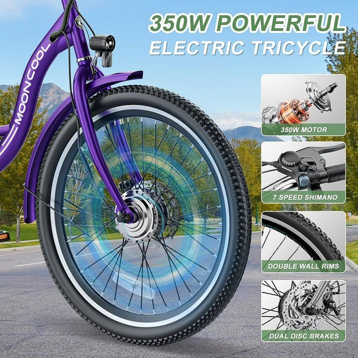 Lilypelle 24" Electric Tricycle for Adults, 350W 36V 14.5AH 7 Speeds Motorized Electric Trike Three Wheel Electric Bikes Bicycle with Large Basket for Women Men