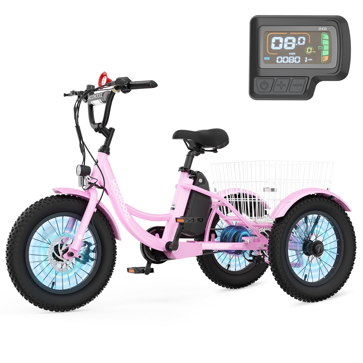Mooncool Electric Tricycle for Kids , 3 Wheels 16"x3" Fat Tire Tricycle Electric Trike Cruiser Bicycle, 250W Aluminum Frame Electric Trikes Etrike with 10.4Ah Removable Battery and Rear Basket