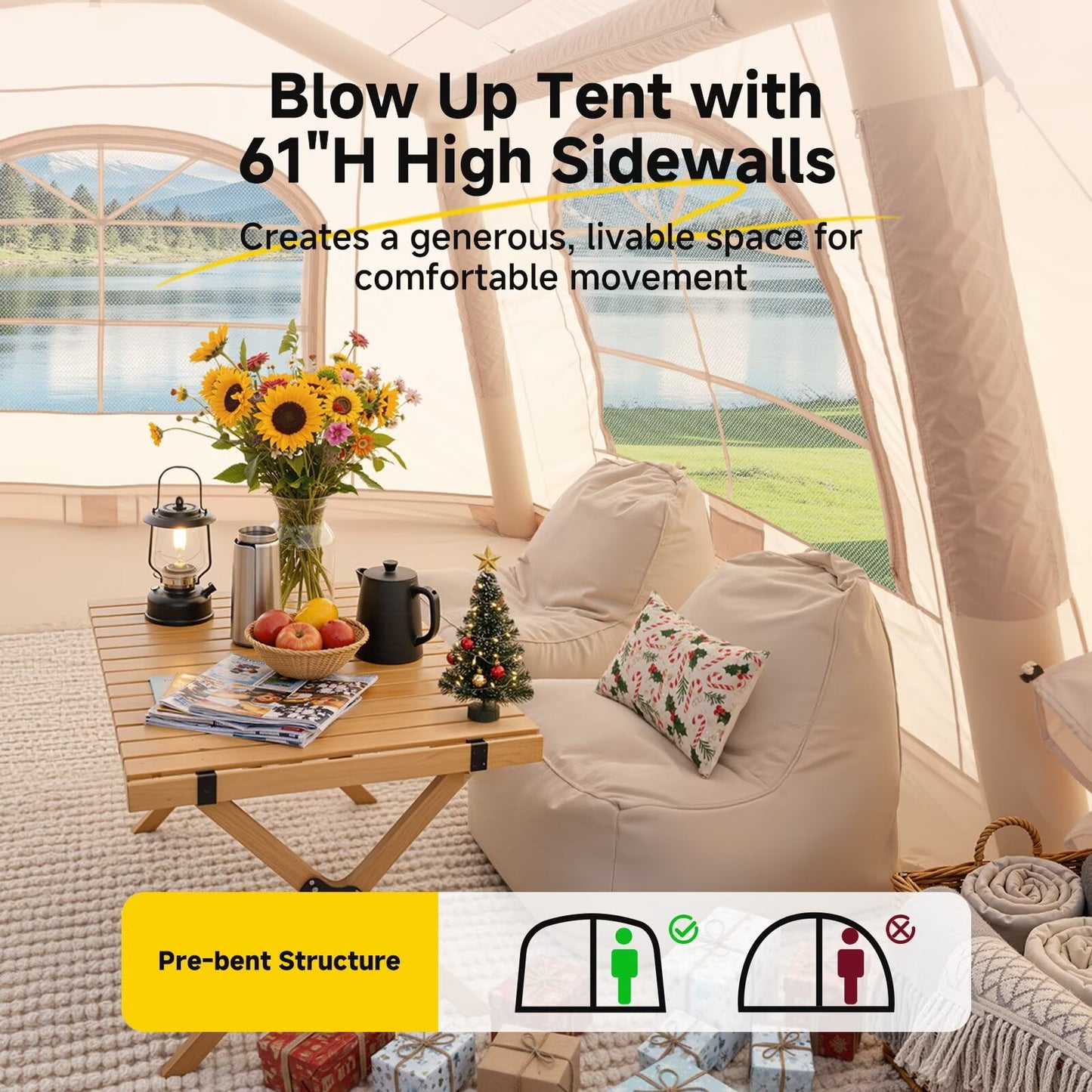 Lilypelle 12 Person Blow Up Camping Inflatable Tent w/ Canopy & Stove Jack & AC Port,18.4′x 9.8′x 6.9′Waterproof Oxford 2 Room Air Tent , Easy Setup Glamping Inflatable House w/ Stove Jack