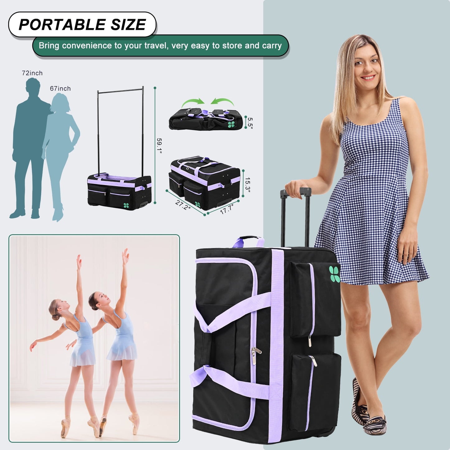 Lilypelle Dance Bag With Garment Rack, 27" Dance Garment Bags Collapsible Costume Rolling Duffel Bag with Wheels, Dance Travel Bag for Competition, Shows, Performances
