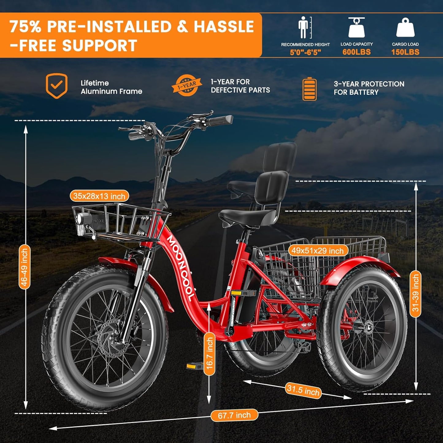 Lilypelle Electric Tricycle for Adults,15.5MPH 500W 48V 14.5Ah Lithium Battery UL Certified, 7-Speed Aluminum Ebike 3 Wheels Bike with Front & Rear Baskets，20x4in Fat Tire E-Trike