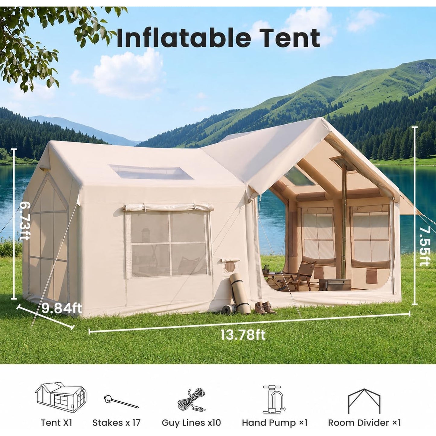 Lilypelle 6-8 Person Blow Up Inflatable Villa Tent, 2 Room Hot Tent with Stove Jack & AC Port, Large Camping Tent with Hand Pump, Waterproof Air House for Family Glamping,13.78x9.84ft