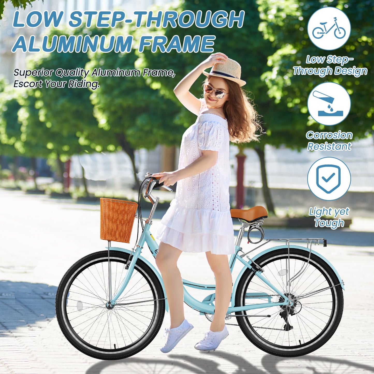 Lilypelle Womens Bike, 7 Speed Bike for Adults Women 24 26 inch with Ratten Basket & Rack, Beach Cruiser Bike for Women, Womens Bicycle for Commuting, Step Through City Bikes for Women Adults Ladies