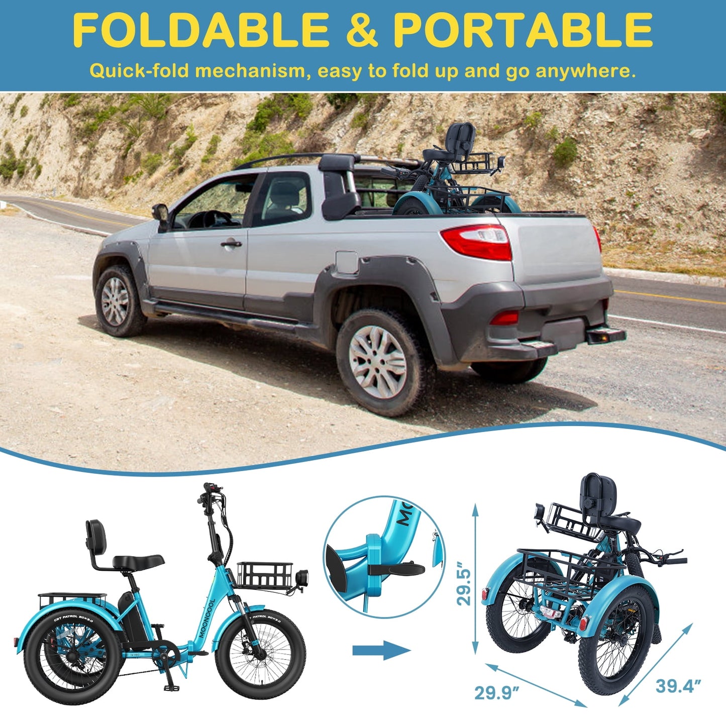 MOONCOOL TK Pro Electric Tricycle for Adults, 750W（Peak 1500W) Motor 48V 20Ah Battery, 20in Fat Tire Three Wheel Electric Bicycle , Foldable Electric Mountain Trike with Front & Rear Basket, UL2849