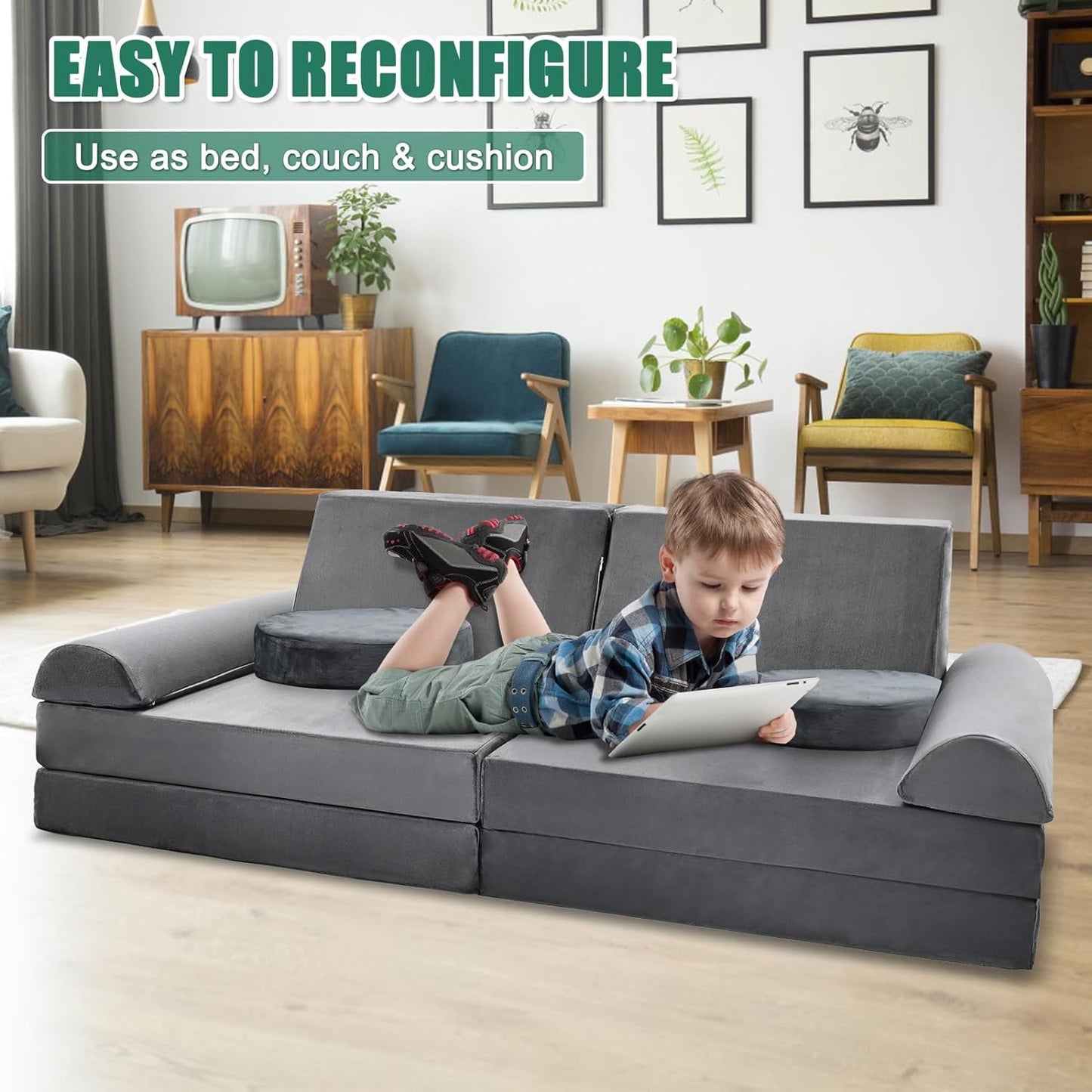 Lilypelle Foam Convertible Modular Fold Out Sofa, Grey