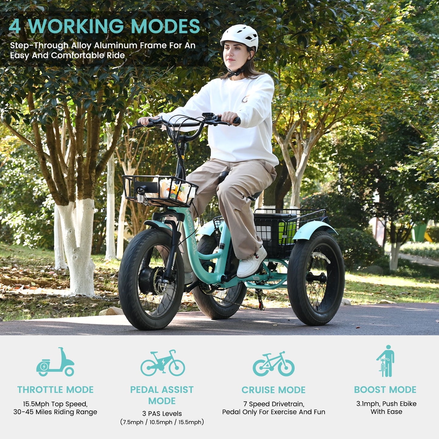 MOONCOOL Electric Tricycle for Adults, 20" x 4" Fat Tire Electric Trike, 48V 500W Motorized Electric Bicycle, 3 Wheels 7 Speed Ebike with Removable Battery, Aluminum Frame & Large Basket, UL2849