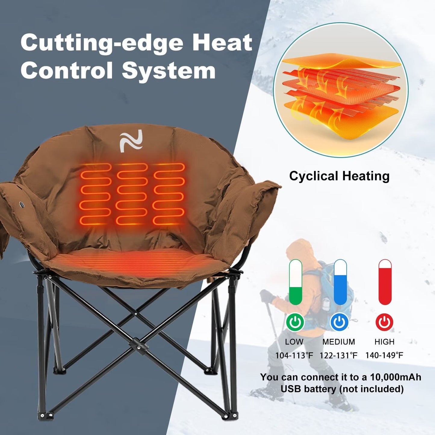 LILYPELLE Oversized Heated Camping Chair, Patio Lounge Chairs with 3 Heat Levels, Portable Folding Heated Chair Round Moon Saucer Folding Lawn Chair Outdoor Chair for Camping, Lounge Patio