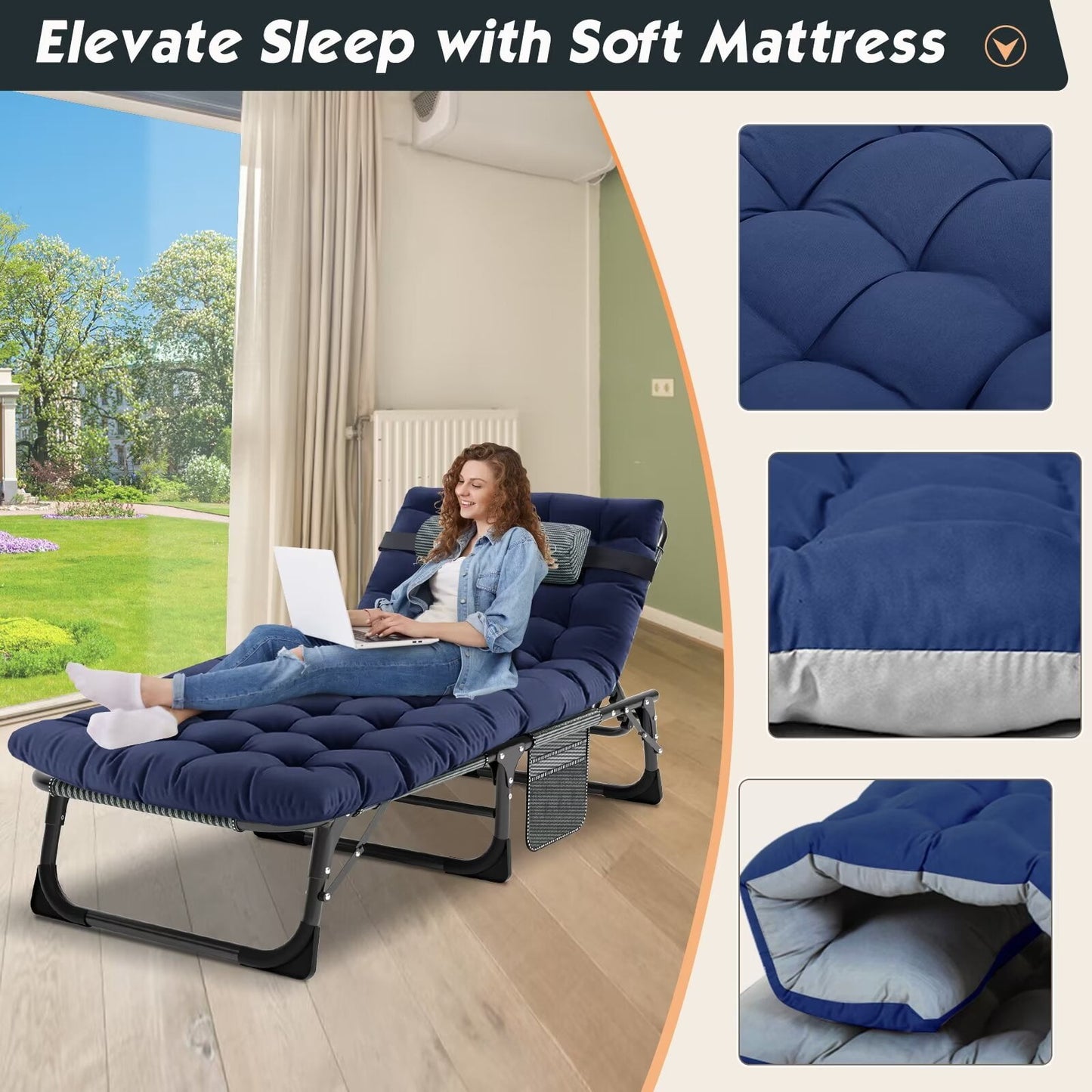 Lilypelle Camping Cot, Adjustable 4-Position Adults Reclining folding Chaise with Pillow, Outdoor portable Lounge Chair Sleeping Cots Bed, Perfect for Camping, Pool, Beach, Patio