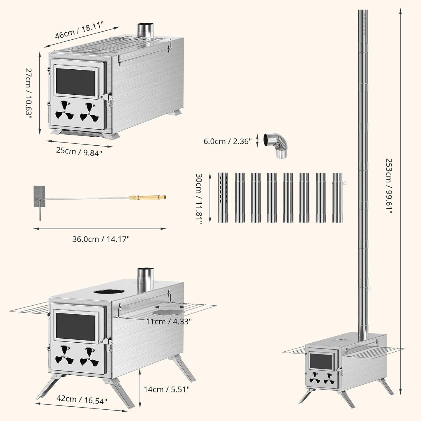 Lilypelle Portable Wood Stove Camping Hot Tent BBQ Stove with 7 Chimney Pipe for Tents, Travel, Camping, Cooking, Ice Fishing, Hunting, Boiling Water - Large（18" x 9.8" x 10.6"）