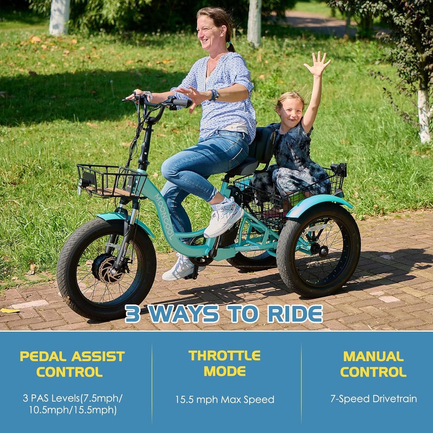 Lilypelle Electric Trike for Adults,350W 36V 3 Wheel Fat Tire Electric Bikes,7 Speeds Motorized Tricycle with Basket for Women Men