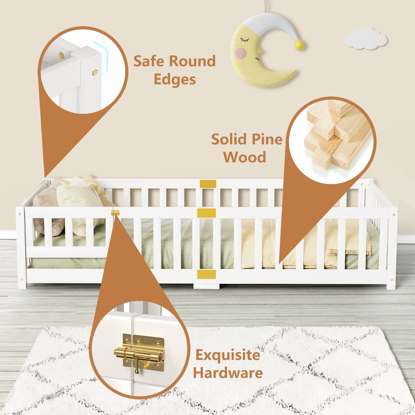 Lilypelle Twin Floor Bed for Kids, Montessori Floor Bed with Guard Rails, Floor Bed Frame for Kids, Boys, Girls